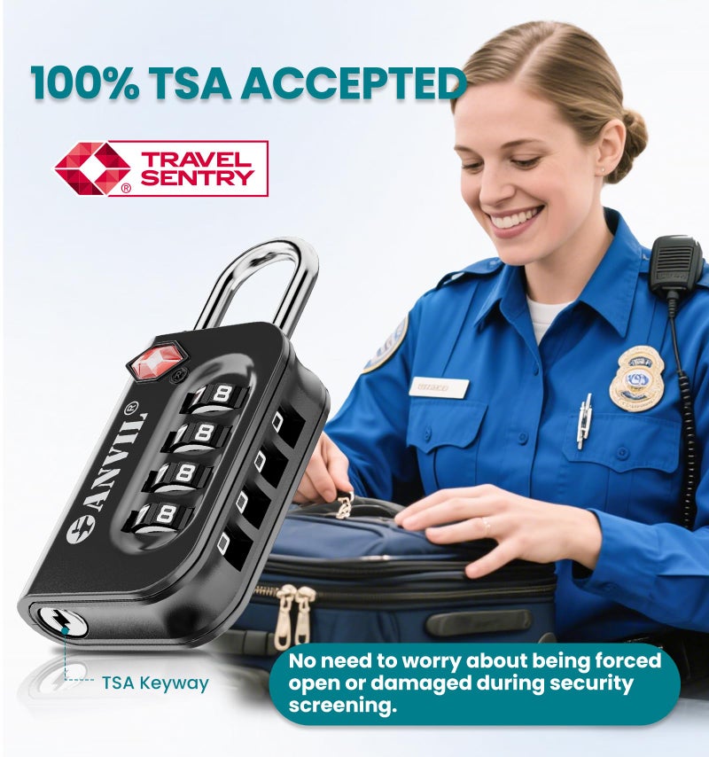 ANVIL TSA Approved Luggage Lock - 4 Digit Combination, 10,000 Combinations, Easy-Read Password Window, Travel Lock for Suitcases, Backpacks, Gym & Student Lockers, Baggage (Black 4 Pack) - Image 2